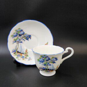 Vintage Radfords Bone China Tea Cup w Blue Green Trees & Orange Flowers. See pho